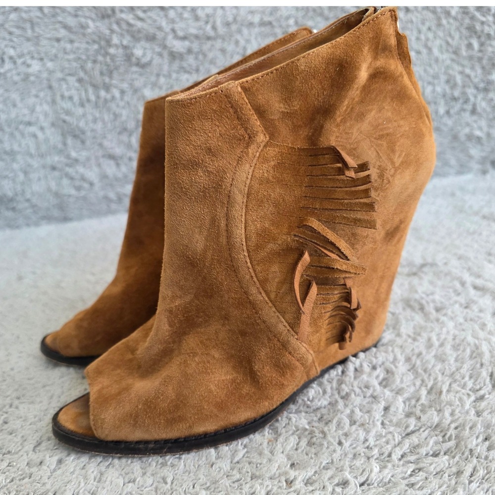 ASH Lynx Bis Suede Peep Toe Fringe Western Wedge Ankle Boots Booties EU 38‎ US 7